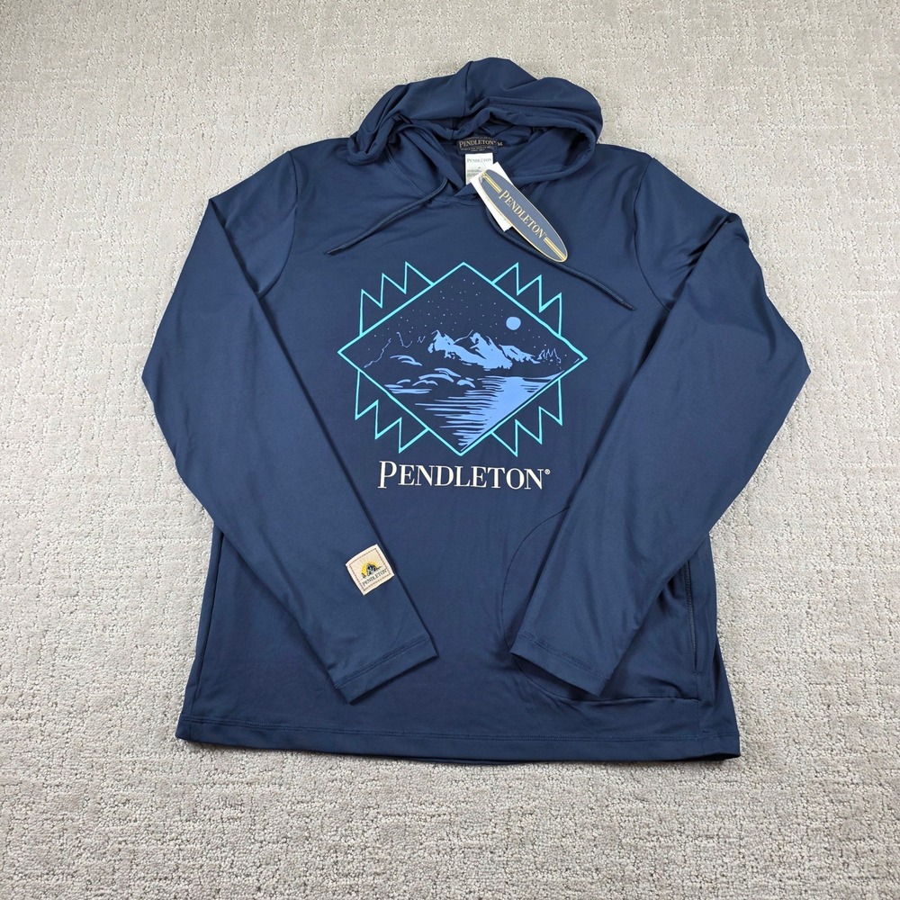 NEW Pendleton Mens Medium Navy Blue Performance Graphic Hoodie Mountain Logo